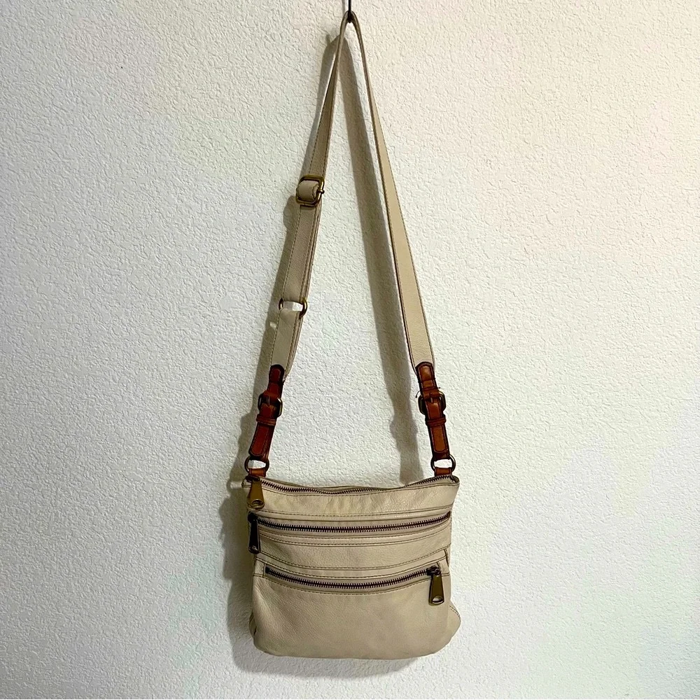 Vintage Fossil Beige Cream Pebbled Leather Crossbody Messenger Bag Unisex
